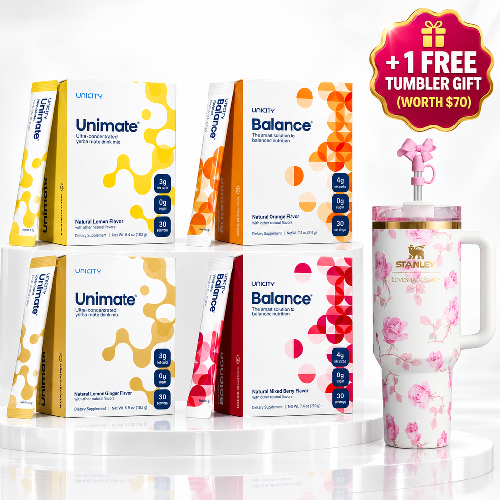 Complete Ultimate Wellness Bundle – Unimate & Balance 4-Pack Variety System (120 Stick Packs)+1 Tumbler gift