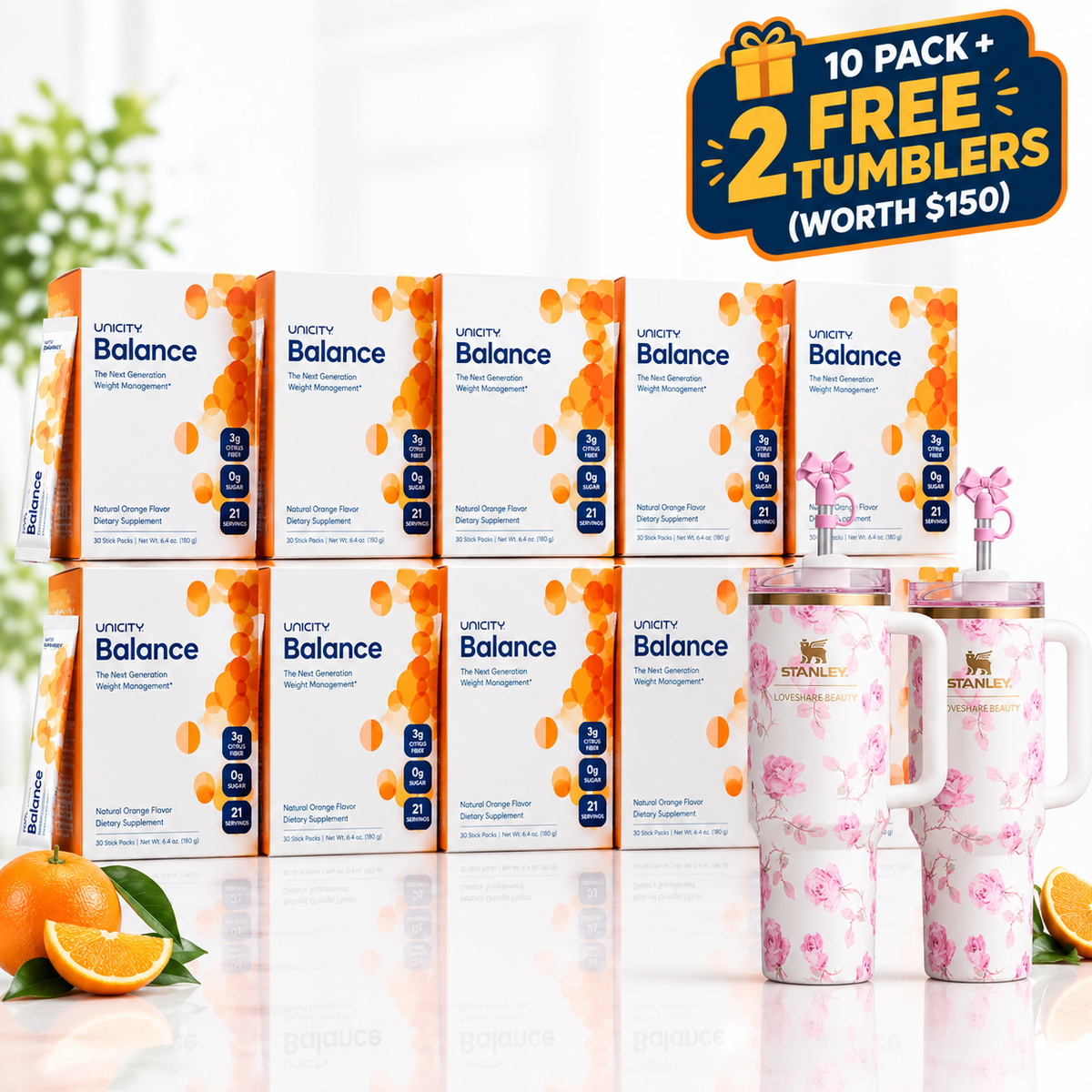 10-Pack Balance Bundle – 30 Sticks Per Pack | Natural Orange Flavor+2 Tumblers gift