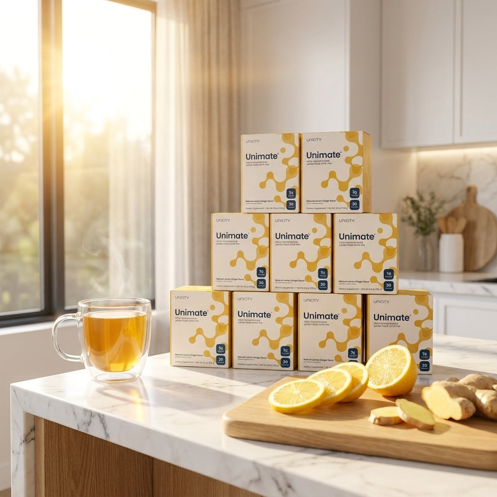 Unimate Concentrated Yerba Mate Drink Mix – Natural Lemon Ginger (10-Box Bulk Supply / 300 Stick Packs)+2Tumblers gift)