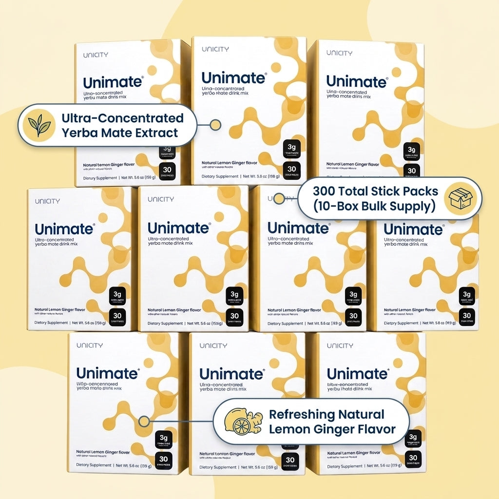 Unimate Concentrated Yerba Mate Drink Mix – Natural Lemon Ginger (10-Box Bulk Supply / 300 Stick Packs)+2Tumblers gift)